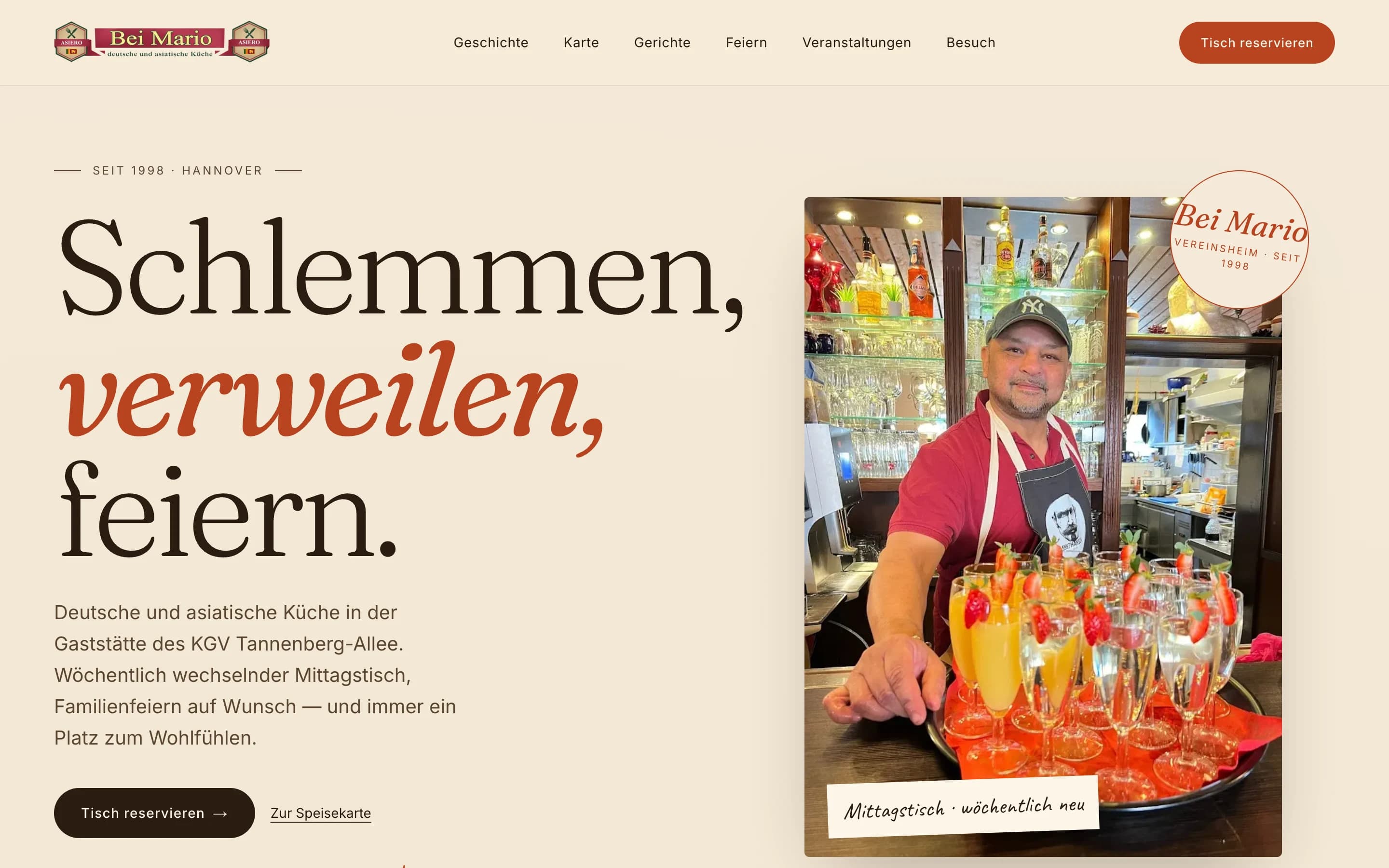 Startseite von Bei Mario mit Headline „Schlemmen, verweilen, feiern.“