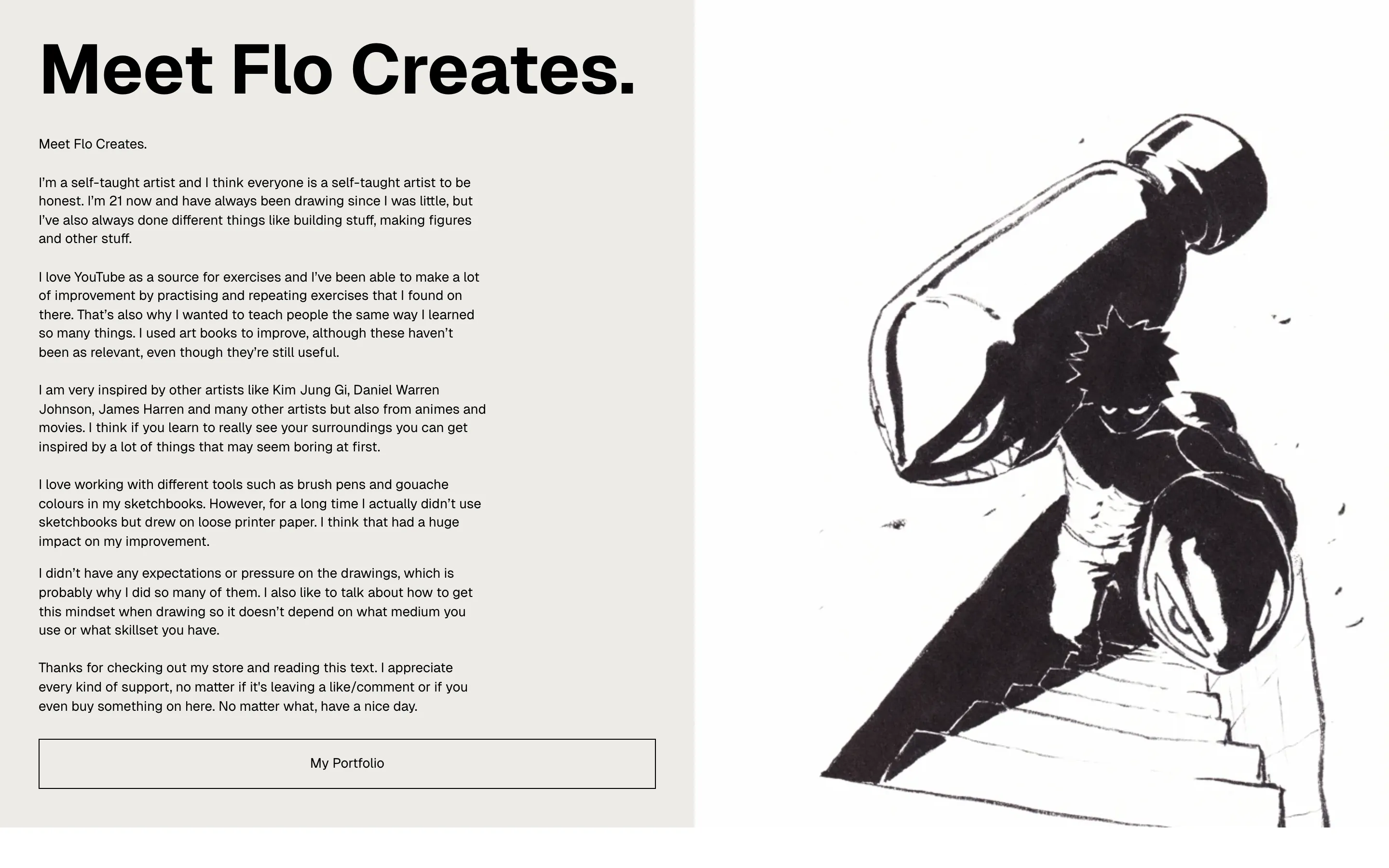 Abschnitt „Meet Flo Creates.“ mit Vorstellungstext und Tuschezeichnung