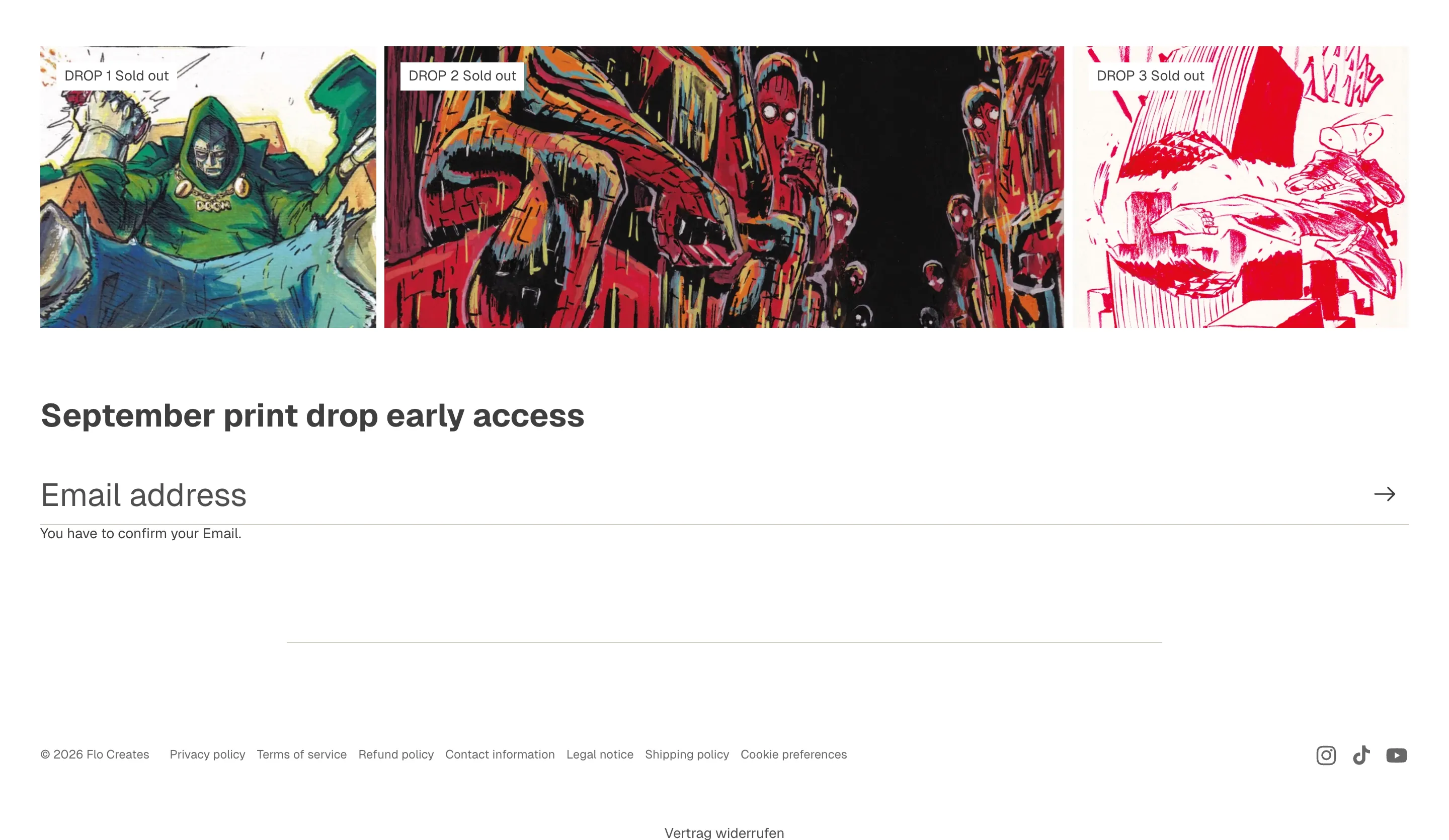 Ausverkaufte Print-Drops, Newsletter-Anmeldung und Footer mit Widerrufsbutton