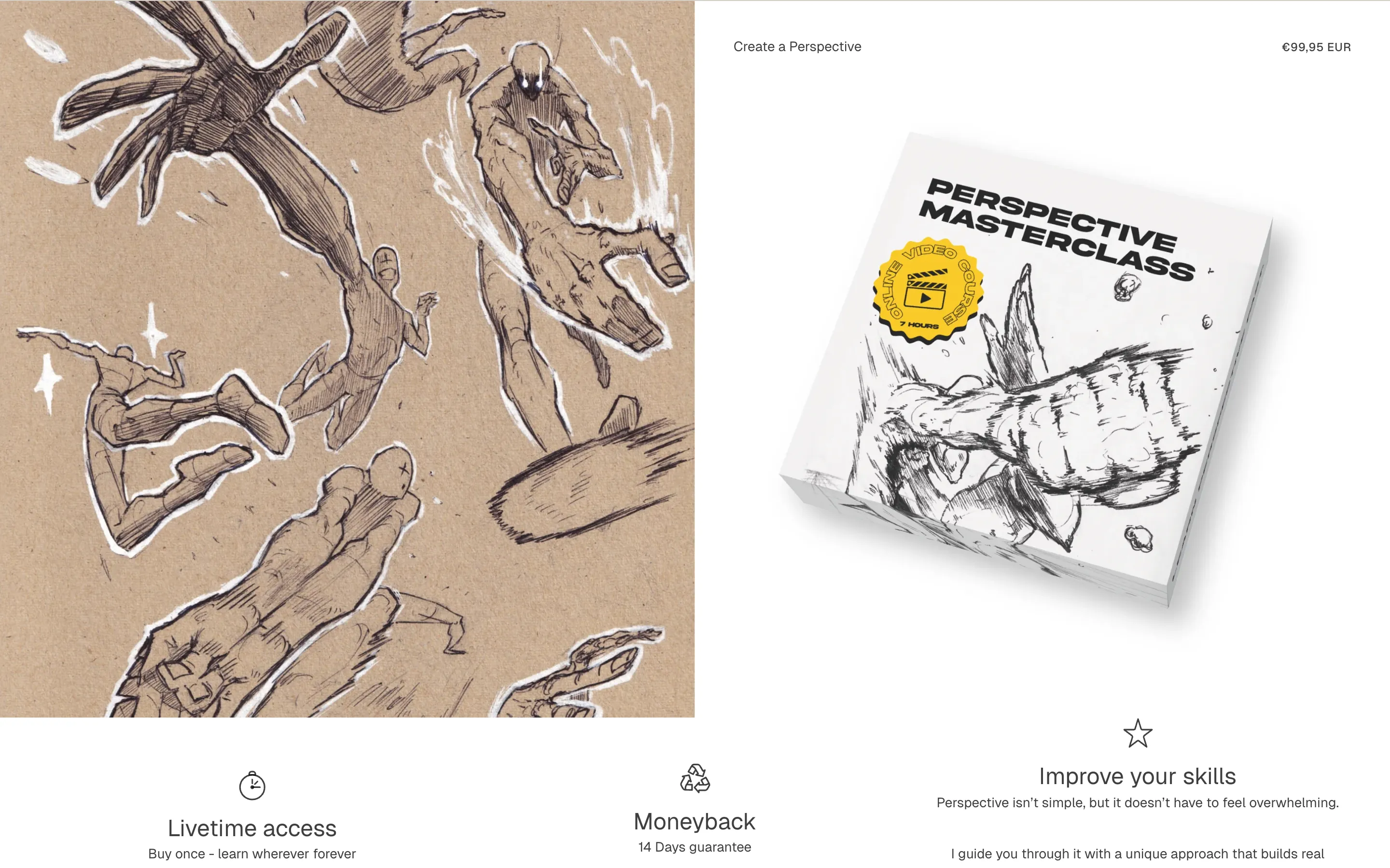 Kursbereich auf der Startseite von flocreates.shop mit der Perspective Masterclass und drei Kursvorteilen