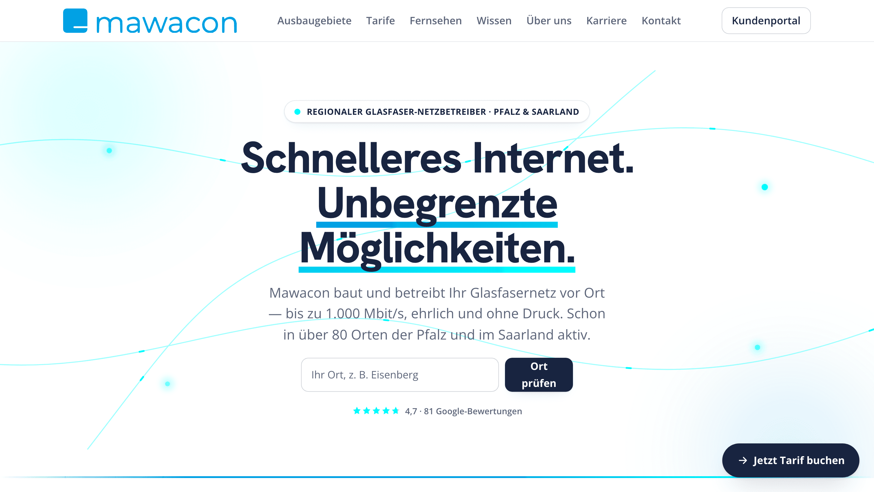 Mawacon — Hero der Startseite mit Verfügbarkeitsprüfung