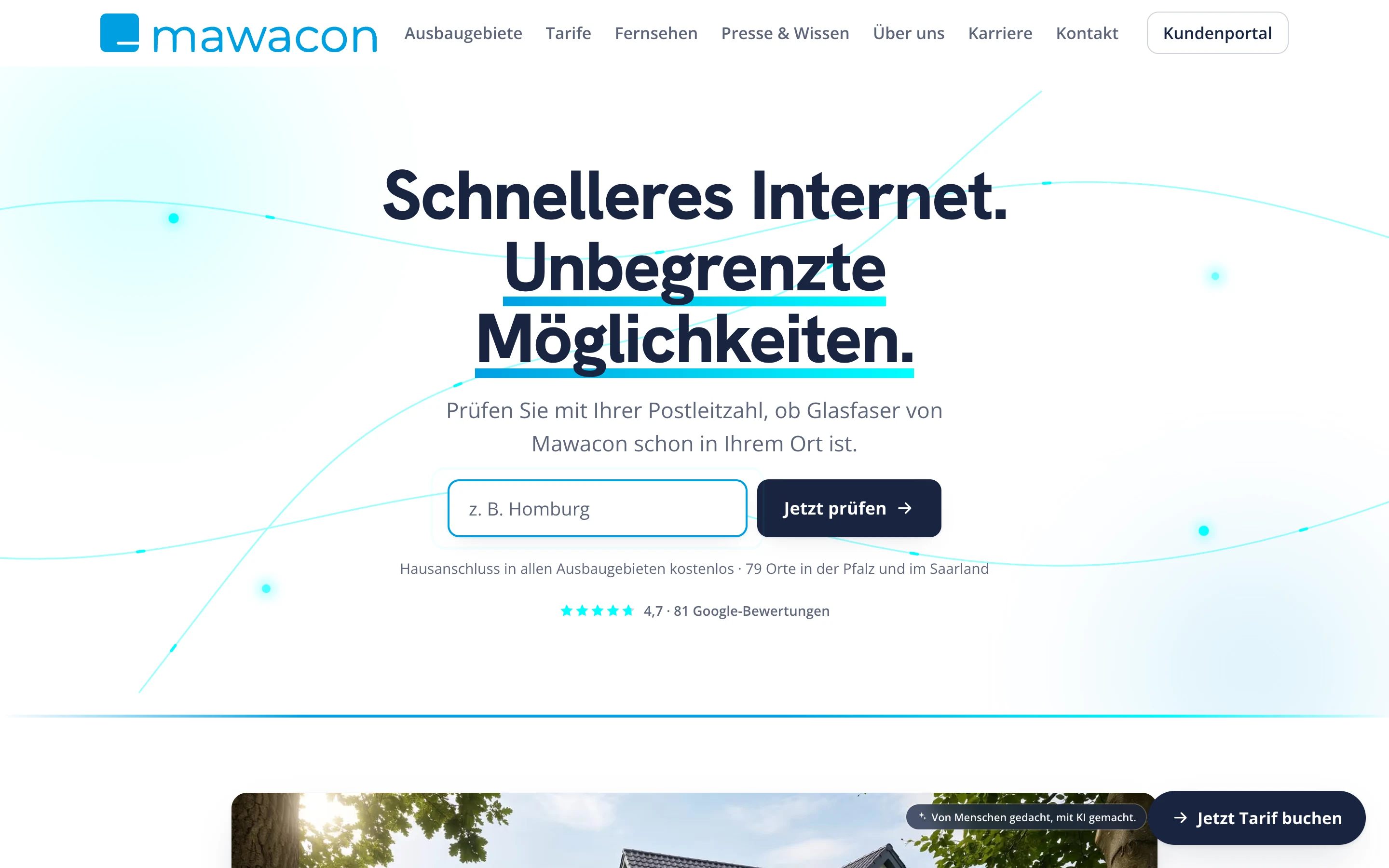 Startseite von mawacon.eu mit Verfügbarkeitsprüfung nach Postleitzahl