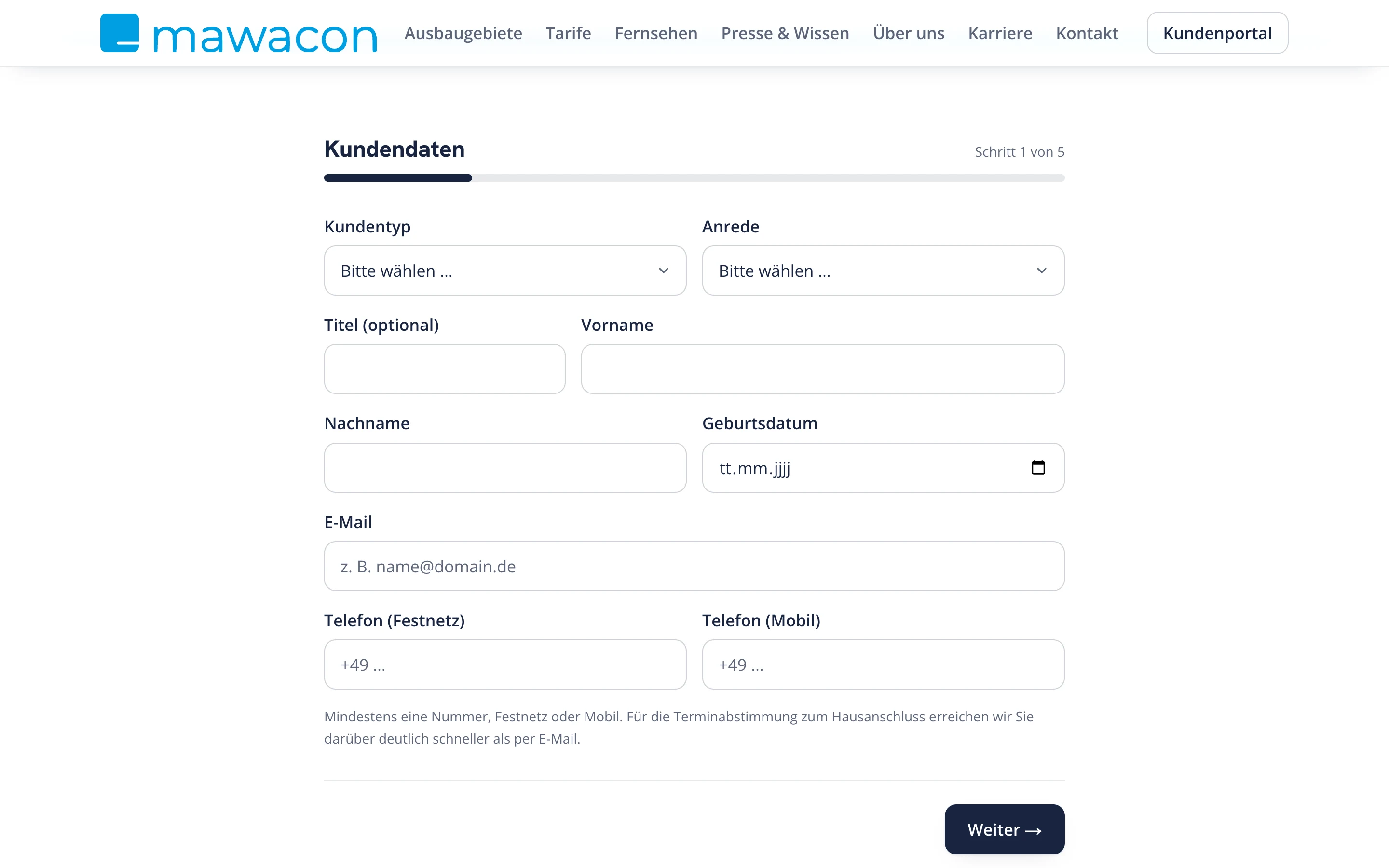 Vertragsstrecke von Mawacon, Schritt 1 von 5: Kundendaten