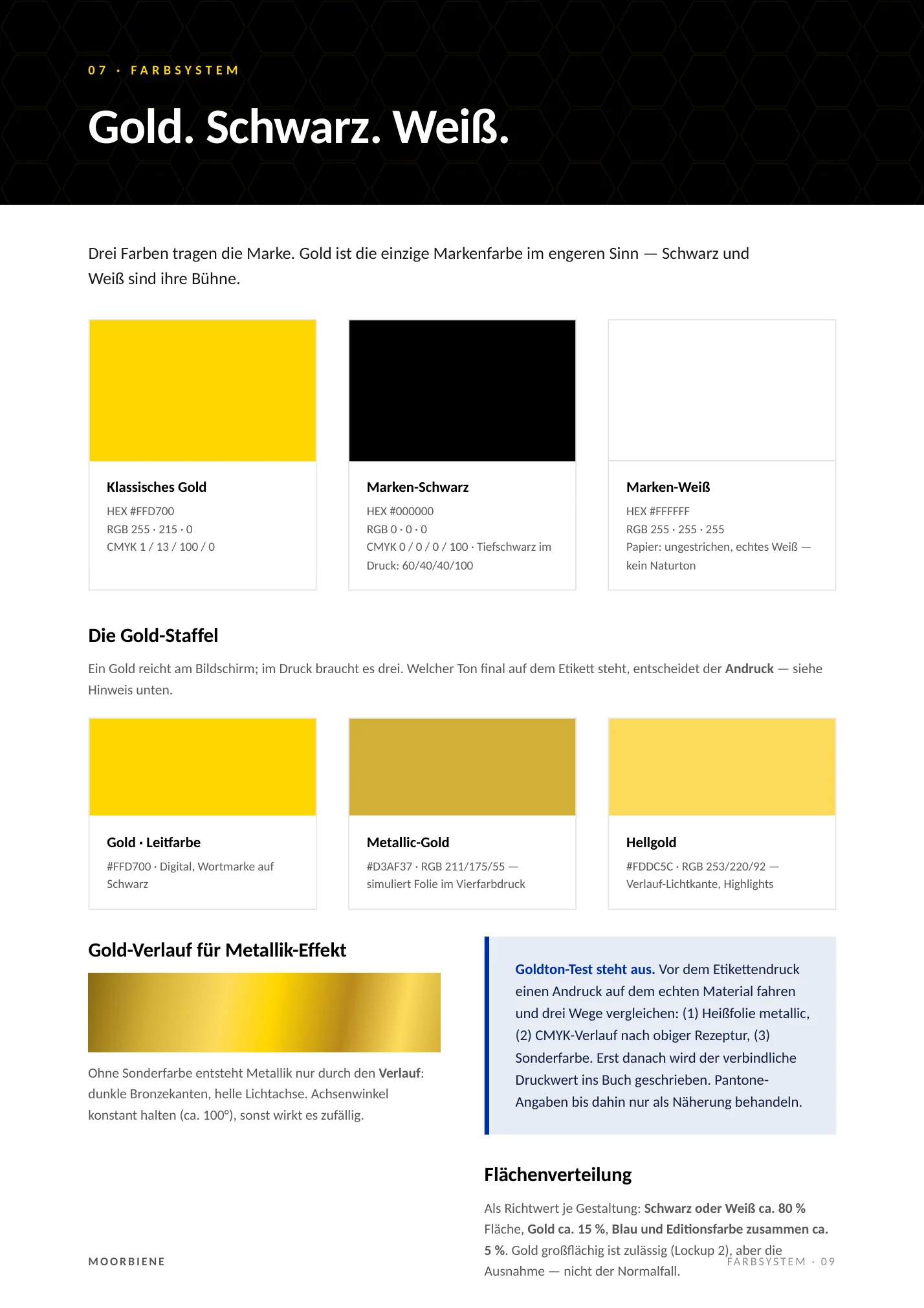 MoorBiene Markenbuch: Farbsystem Gold, Schwarz, Weiß mit Goldstaffel