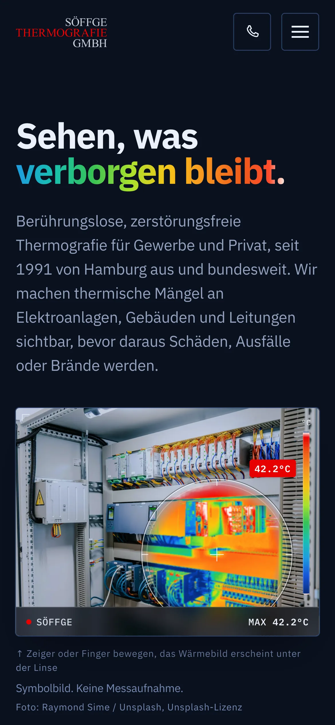 Söffge-Startseite auf dem Smartphone: Überschrift, Kurzbeschreibung und Lupe in Wärmebildansicht mit Symbolbild-Hinweis